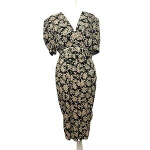 Vintage 80’s Jane Singer Black Ivory Floral Fitted Shoulder Pads Bow Midi Dress